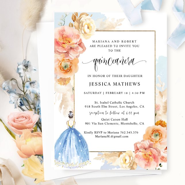 Invitación Elegante Princesa Floral Azul Clara Quinceañera (Subido por el creador)