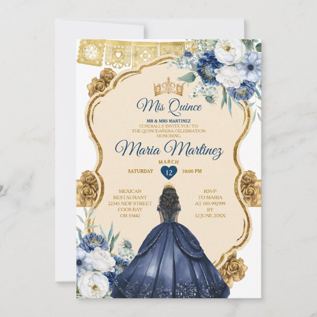 Invitación Elegante Princesa Floral Azul de la Marina Quincea (Anverso)
