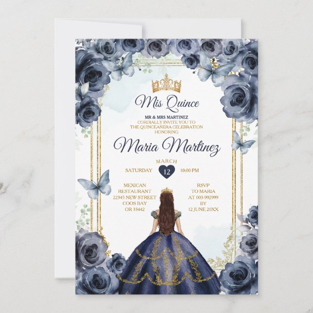Invitación Elegante Princesa Floral Azul de la Marina Quiñcea (Anverso)