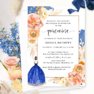 Invitación Elegante Princesa Floral Azul Real Quinceañera