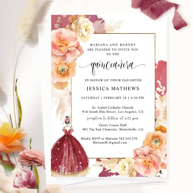 Invitación Elegante Princesa Floral Borgoña Quinceañera (Subido por el creador)