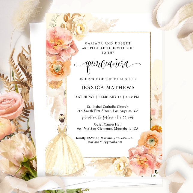 Invitación Elegante Princesa Floral de Champagne Quinceañera (Subido por el creador)