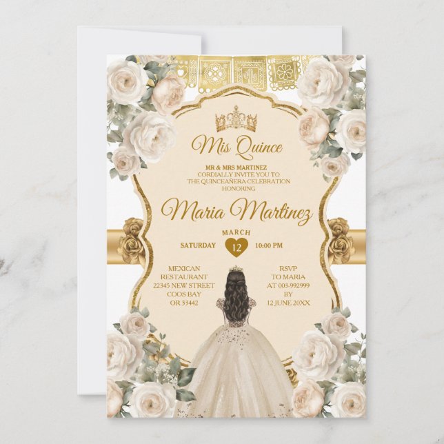 Invitación Elegante Princesa Floral de Crema Blanca Quiñceane (Anverso)