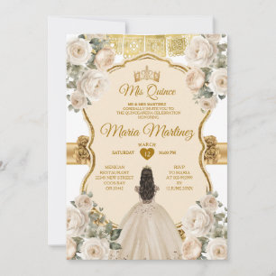 Invitación Elegante Princesa Floral de Crema Blanca Quiñceane