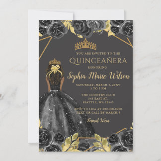 Invitación Elegante Princesa Floral de Oro Negro Quinceañera