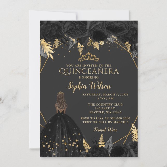 Invitación Elegante Princesa Floral de Oro Negro Quinceañera (Anverso)