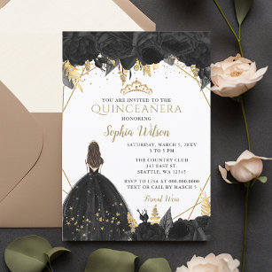 Invitación Elegante Princesa Floral de Oro Negro Quinceañera 