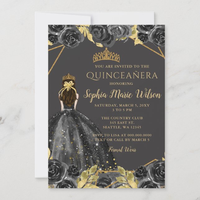 Invitación Elegante Princesa Floral de Oro Negro Quinceañera (Anverso)