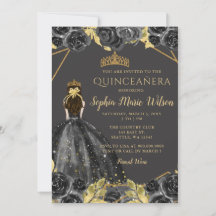 Elegante Princesa Floral de Oro Negro Quinceañera