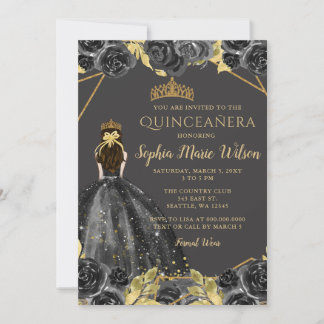 Invitación Elegante Princesa Floral de Oro Negro Quinceañera