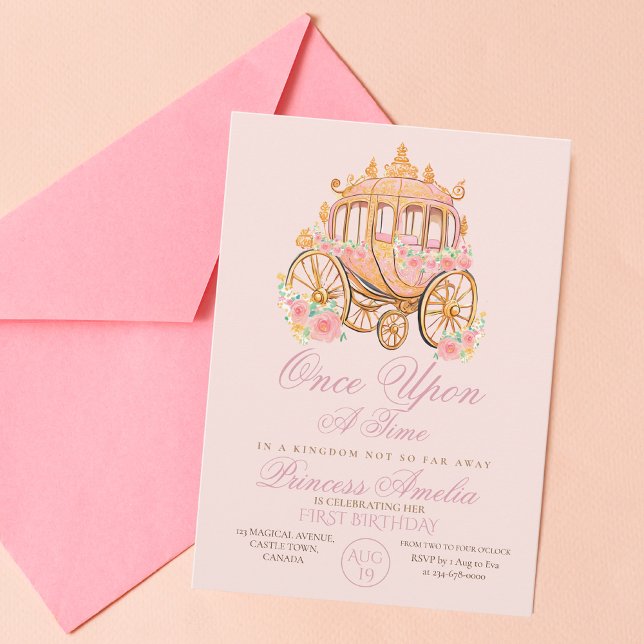 Invitación Elegante Princesa Floral de Oro Rosa Primer cumple (Subido por el creador)