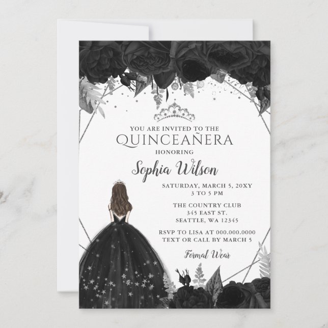 Invitación Elegante Princesa Floral de Plata Negra Quinceañer (Anverso)
