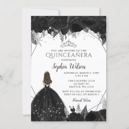 Invitación Elegante Princesa Floral de Plata Negra Quinceañer