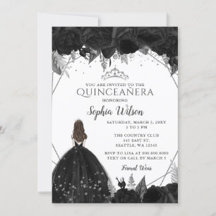 Invitación Elegante Princesa Floral de Plata Negra Quinceañer