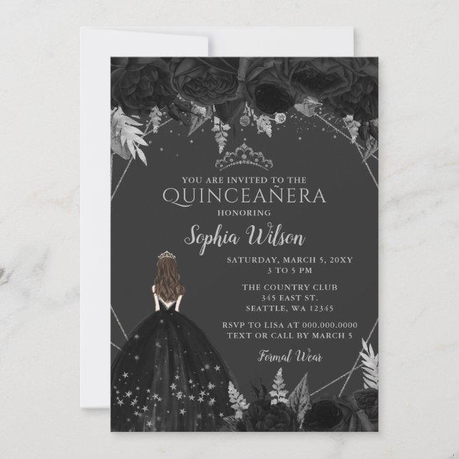 Invitación Elegante Princesa Floral de Plata Negra Quinceañer (Anverso)