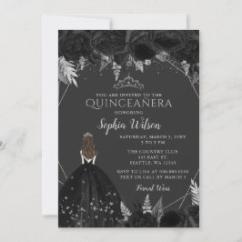 Invitación Elegante Princesa Floral de Plata Negra Quinceañer