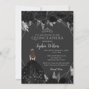 Invitación Elegante Princesa Floral de Plata Negra Quinceañer