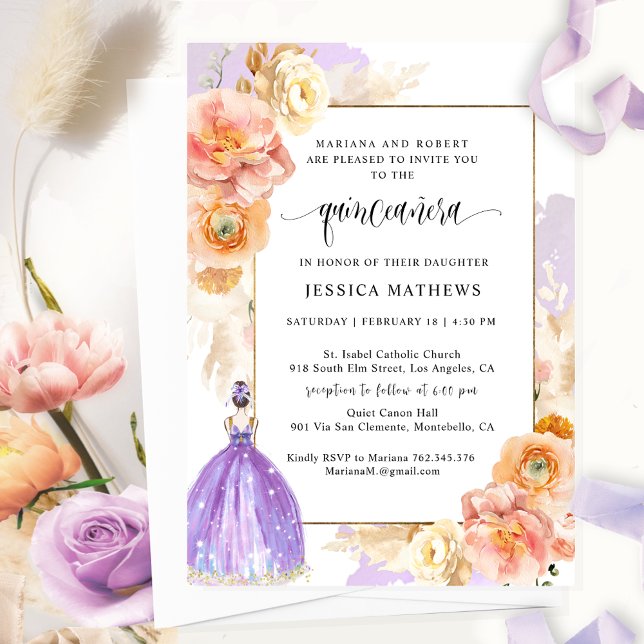 Invitación Elegante Princesa Floral Púrpura Única Quinceañera (Subido por el creador)
