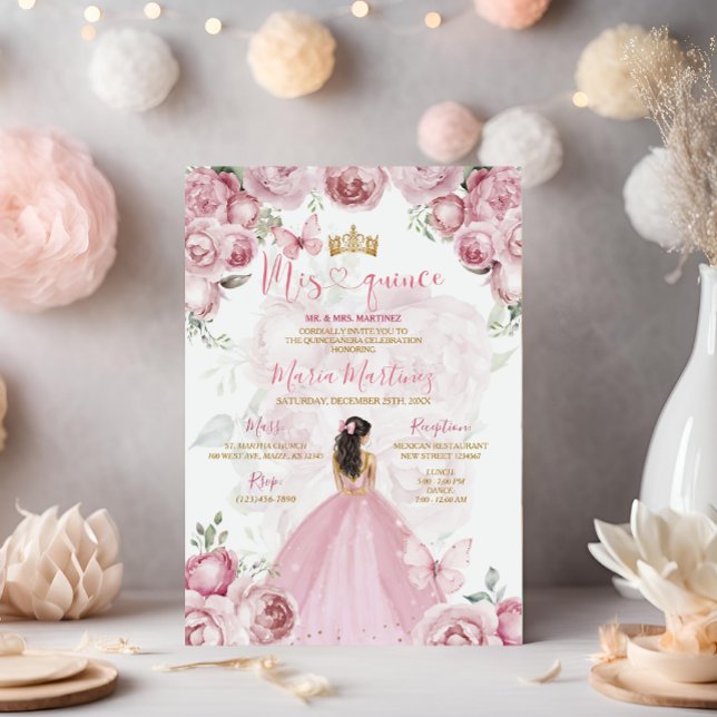 Invitación Elegante Princesa Floral Rosa Mariposa Mis Quince (Subido por el creador)