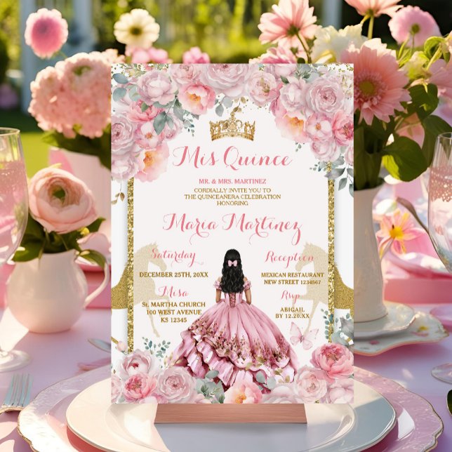 Invitación Elegante Princesa Floral Rosa Mariposa Quinceañera (Subido por el creador)