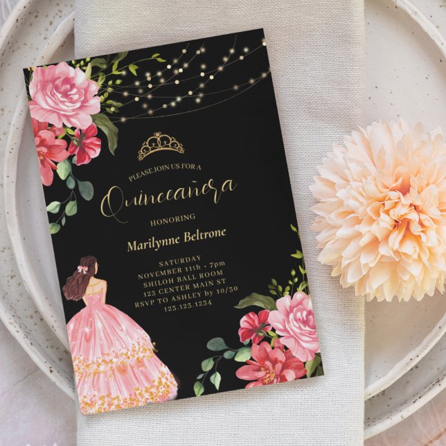 Invitación Elegante Princesa Floral Rosa Quinceañera (Subido por el creador)