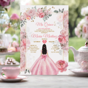 Invitación Elegante princesa floral rosa Quiñceanera