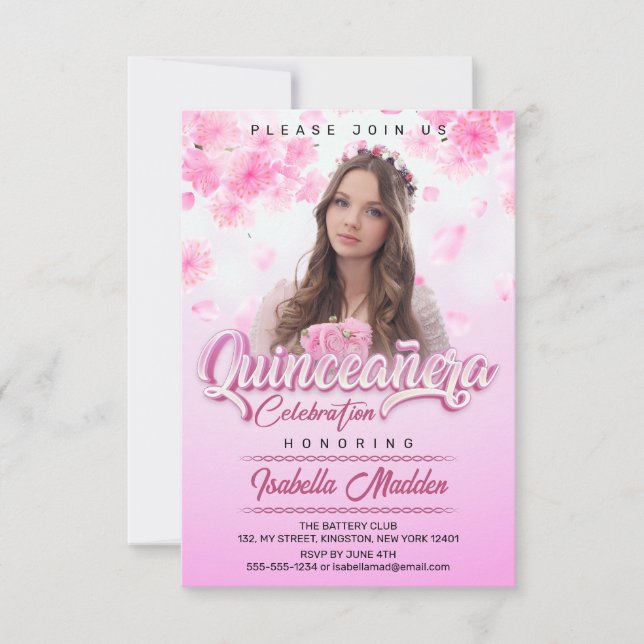Invitación Elegante Princesa Floral Rosa Quinceanera Foto (Anverso)