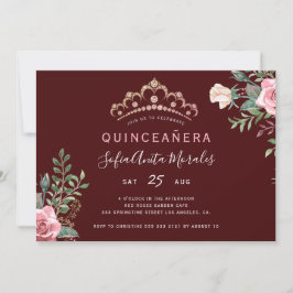 Invitación Elegante princesa floral tiara burgundy Quinceaner
