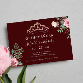 Invitación Elegante princesa floral tiara burgundy Quinceaner