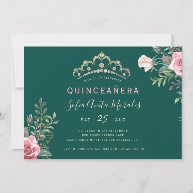Invitación Elegante princesa floral tiara verde Quinceanera (Anverso)