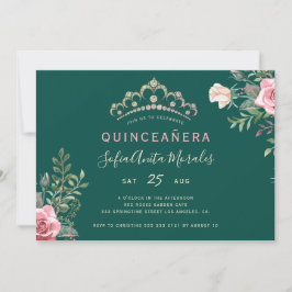 Invitación Elegante princesa floral tiara verde Quinceanera