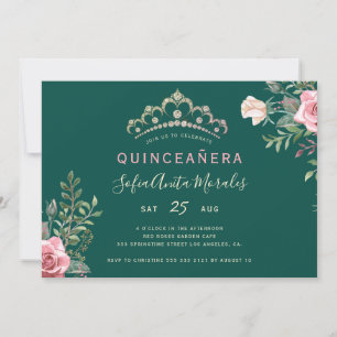 Invitación Elegante princesa floral tiara verde Quinceanera