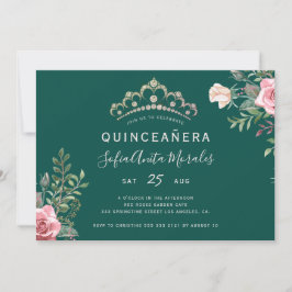 Invitación Elegante princesa floral tiara verde Quinceanera I