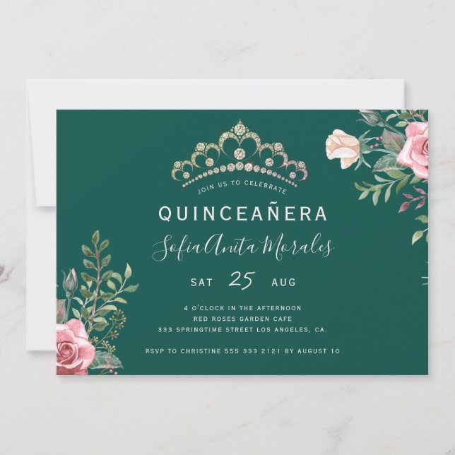 Invitación Elegante princesa floral tiara verde Quinceanera I (Anverso)