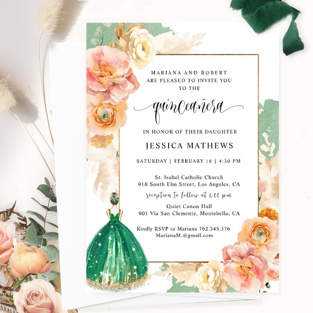Invitación Elegante Princesa Floral Verde Oscura Quinceañera (Subido por el creador)
