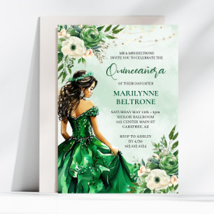 Invitación Elegante Princesa Floral Verde Quinceañera