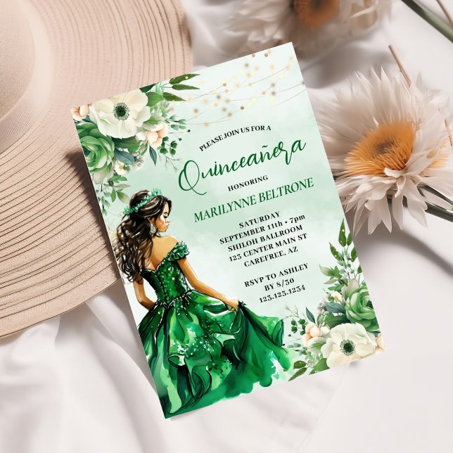 Invitación Elegante Princesa Floral Verde Quinceañera (Subido por el creador)