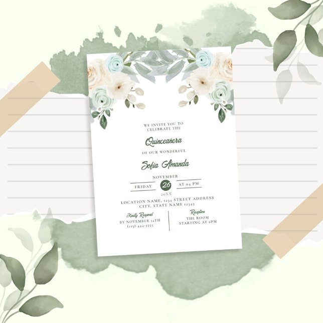 Invitación Elegante princesa floral verde sabana Quinceañera (Subido por el creador)