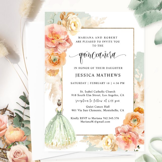 Invitación Elegante princesa floral verde sabana Quinceañera (Subido por el creador)