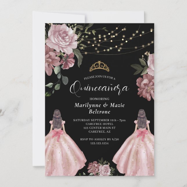 Invitación Elegante Princesa Gemelos Florales Quinceañera (Anverso)