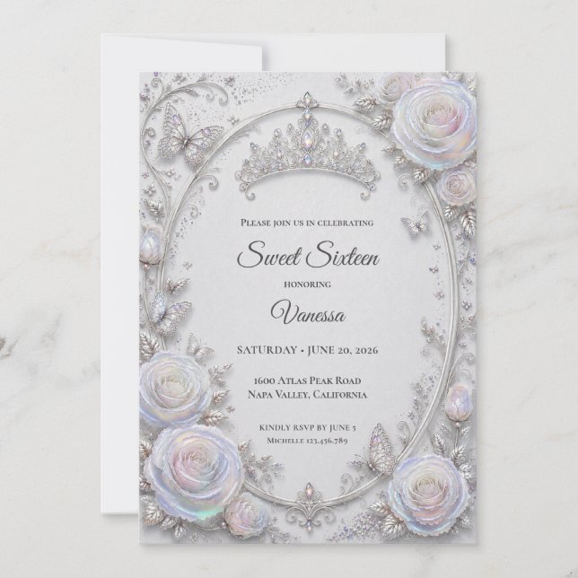 Invitación Elegante Princesa Iridescente Dulces 16 (Anverso)