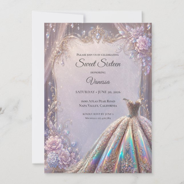 Invitación Elegante Princesa Iridescente Dulces 16 (Anverso)