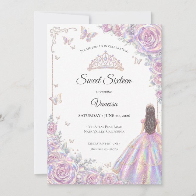 Invitación Elegante Princesa Iridescente Dulces 16 (Anverso)
