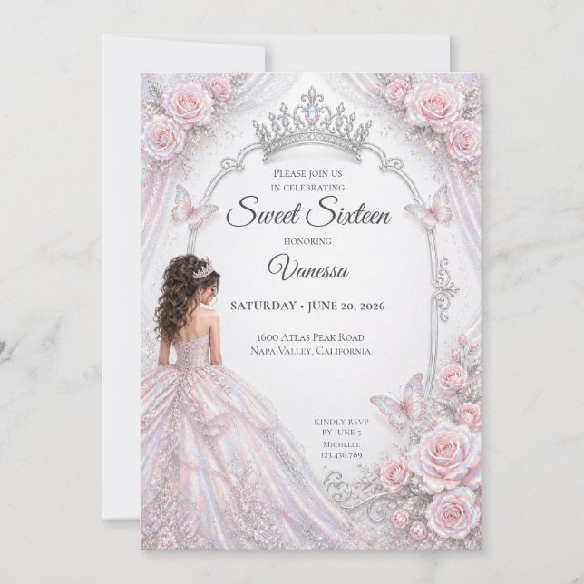 Invitación Elegante Princesa Iridescente Dulces 16 (Anverso)