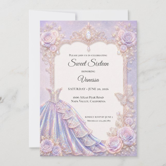 Invitación Elegante Princesa Iridescente Dulces 16 (Anverso)