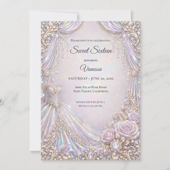 Invitación Elegante Princesa Iridescente Dulces 16 (Anverso)