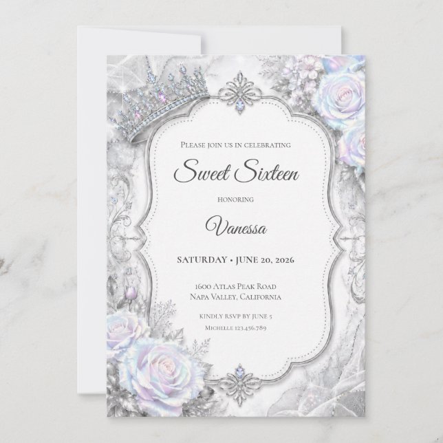 Invitación Elegante Princesa Iridescente Dulces 16 (Anverso)