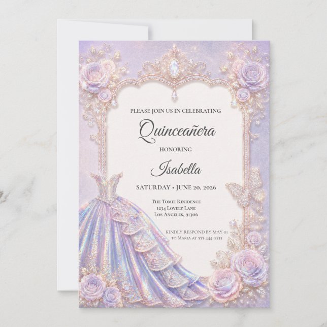 Invitación Elegante Princesa Iridescente Quinceañera (Anverso)