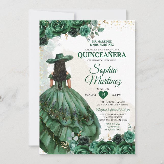 Invitación Elegante princesa mexicana de esmeralda verde quin (Anverso)