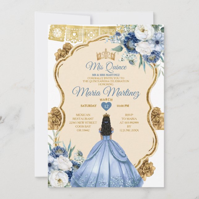 Invitación Elegante Princesa Mexicana Dusty Azul Quinceañera (Anverso)